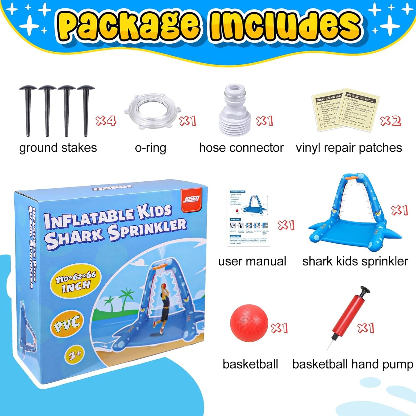 JOSEN Sprinkler for Kids Outdoor Play, Giant Inflatable Shark Water Toys Splash Pad with Basketball Hoop, Fun Sprinkler Summer Outdoor Game for 3-8 Years Old Children Boys Girls Gift