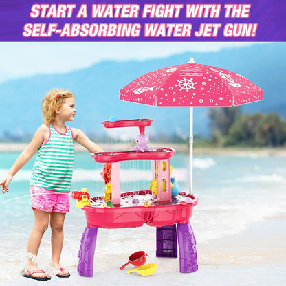 Water Table for Toddlers 3-5, 3-Tier Kids Splash Sand Table Water Toys with Umbrella, Rain Showers Splash Pond for Outdoor Beach Backyard Summer, Activity Sensory Playset for Boys Girls, Blue
